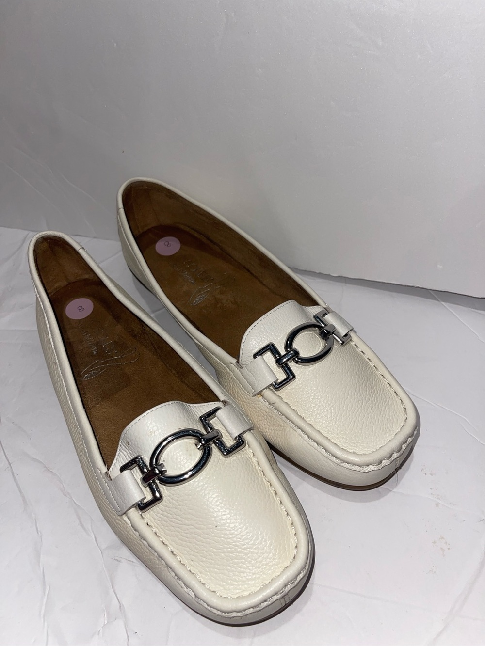 AEROSOLES Cream Leather Loafers with Silver Buckle Accent